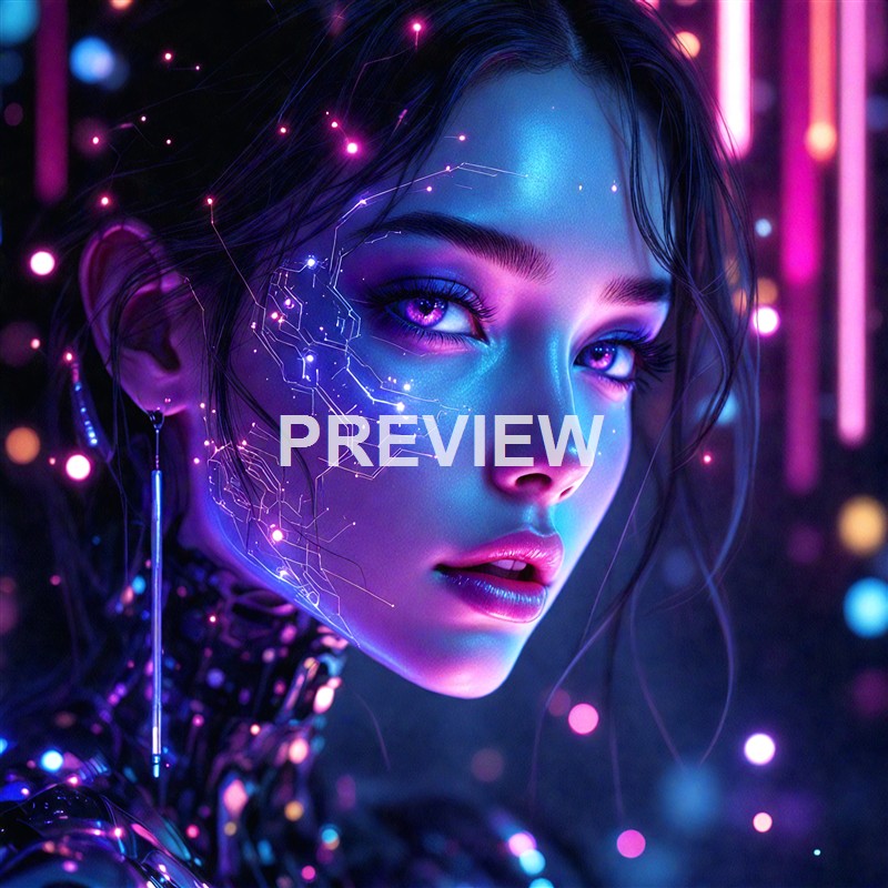 A futuristic digital artwork of a woman with neon purple and blue lighting, featuring cybernetic details on her face and glowing effects around her.